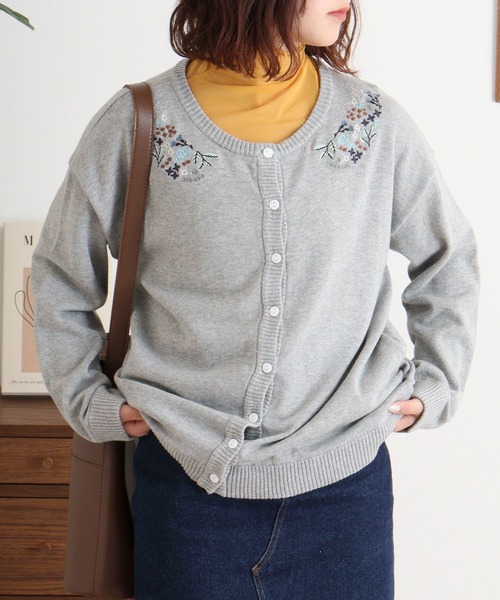 カーディガン EMAGO 衿まわりフラワー刺繍カーデ レディース Emago カーディガン EMAGO 衿まわりフラワー刺繍カーデ