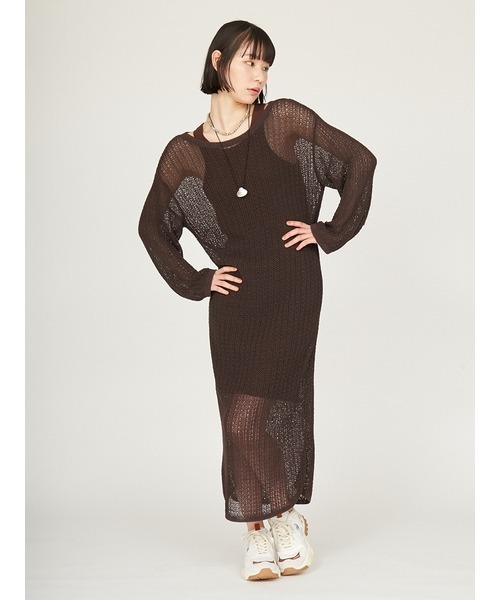 emmi（エミ）の「インナー付きメッシュニットワンピース（ワンピース・レディース・ライム/ブラウン/ライトブルー・FREE）」の6枚目の写真