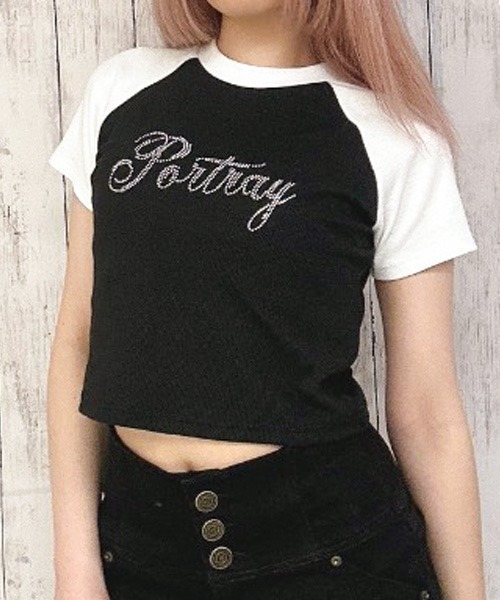 GORGE(ゴージ)の「《ラインストーン×ラグラン配色》ショート丈トップス(Tシャツ/カットソー・レディース・ブラック/オフホワイト/グレー・F)」の2枚目の写真