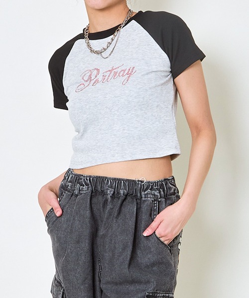 GORGE(ゴージ)の「《ラインストーン×ラグラン配色》ショート丈トップス(Tシャツ/カットソー・レディース・ブラック/オフホワイト/グレー・F)」の18枚目の写真