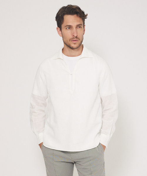 DESIGNWORKS(デザインワークス)の「リネン ワンピースカラー プルオーバーシャツ(シャツ/ブラウス・メンズ・ブラック/インディゴブルー/ホワイト・46/48/50)」の1枚目の写真