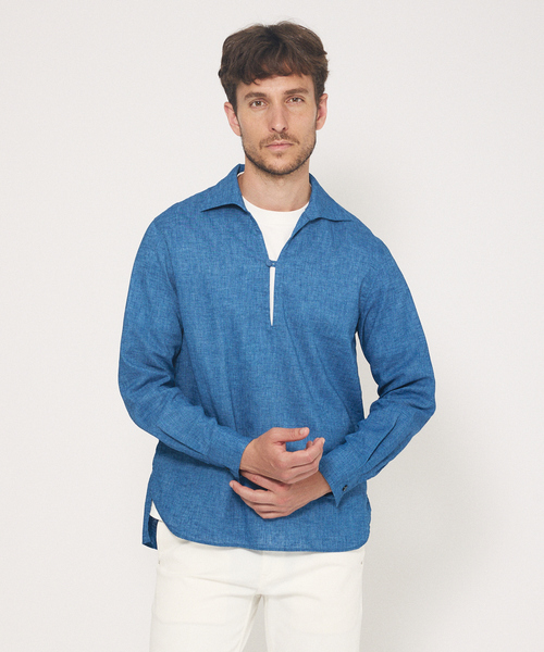 DESIGNWORKS(デザインワークス)の「リネン ワンピースカラー プルオーバーシャツ(シャツ/ブラウス・メンズ・ブラック/インディゴブルー/ホワイト・46/48/50)」の3枚目の写真