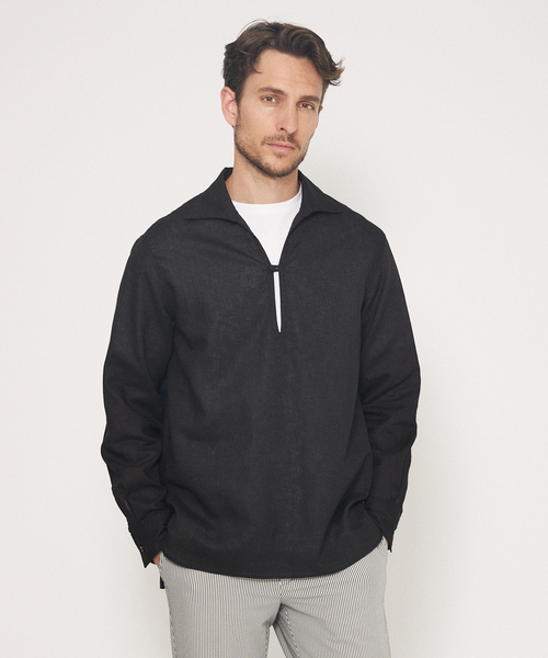 DESIGNWORKS(デザインワークス)の「リネン ワンピースカラー プルオーバーシャツ(シャツ/ブラウス・メンズ・ブラック/インディゴブルー/ホワイト・46/48/50)」の2枚目の写真