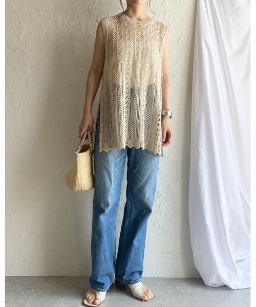 She's Closet(シーズクローゼット)の「フレンチスリーブクロシェ透かし編みニットトップス(ニット/セーター・レディース・ベージュ/チャコールグレー/ブラック・FREE)」の4枚目の写真