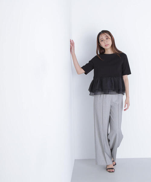 NATURAL BEAUTY BASIC（ナチュラルビューティーベーシック）の「◇シフォンドッキングペプラムカットソー（Tシャツ/カットソー・レディース・グレー系その他/ブラック/オフホワイト・FREE）」の7枚目の写真