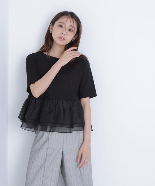 NATURAL BEAUTY BASIC（ナチュラルビューティーベーシック）の「◇シフォンドッキングペプラムカットソー（Tシャツ/カットソー・レディース・グレー系その他/ブラック/オフホワイト・FREE）」の8枚目の写真