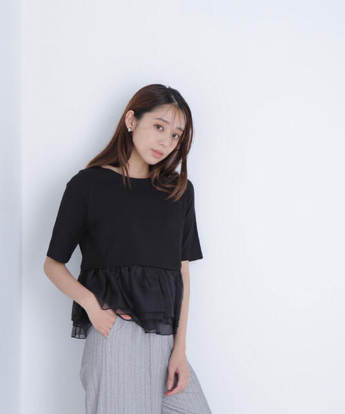 NATURAL BEAUTY BASIC（ナチュラルビューティーベーシック）の「◇シフォンドッキングペプラムカットソー（Tシャツ/カットソー・レディース・グレー系その他/ブラック/オフホワイト・FREE）」の10枚目の写真