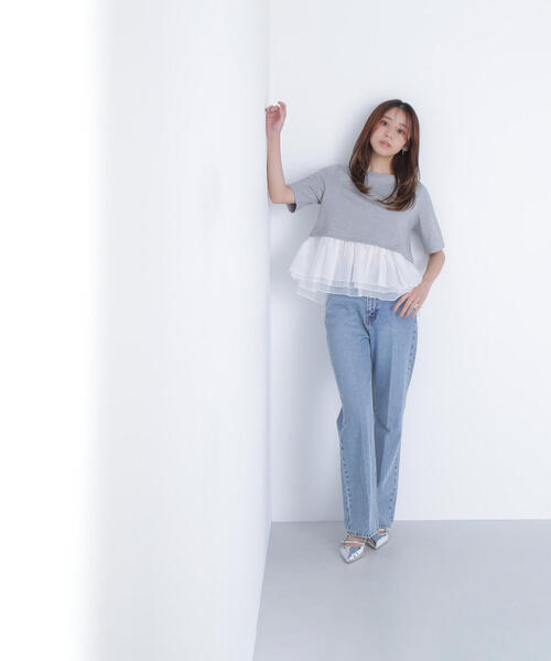 NATURAL BEAUTY BASIC（ナチュラルビューティーベーシック）の「◇シフォンドッキングペプラムカットソー（Tシャツ/カットソー・レディース・グレー系その他/ブラック/オフホワイト・FREE）」の15枚目の写真