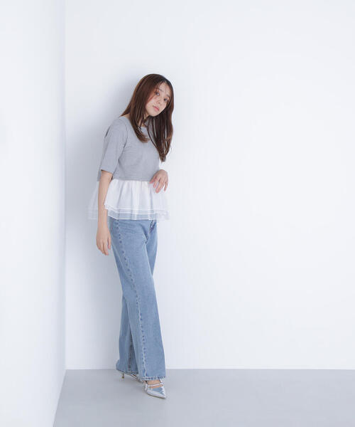 NATURAL BEAUTY BASIC（ナチュラルビューティーベーシック）の「◇シフォンドッキングペプラムカットソー（Tシャツ/カットソー・レディース・グレー系その他/ブラック/オフホワイト・FREE）」の17枚目の写真