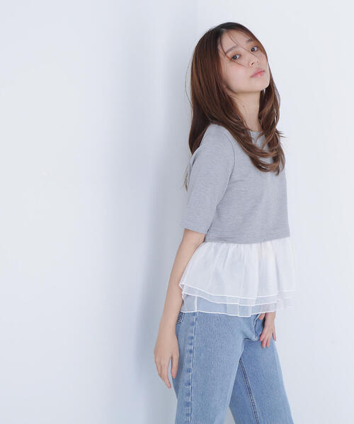 NATURAL BEAUTY BASIC（ナチュラルビューティーベーシック）の「◇シフォンドッキングペプラムカットソー（Tシャツ/カットソー・レディース・グレー系その他/ブラック/オフホワイト・FREE）」の18枚目の写真