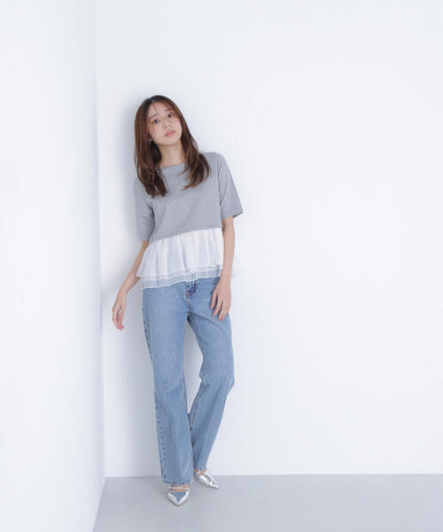 NATURAL BEAUTY BASIC（ナチュラルビューティーベーシック）の「◇シフォンドッキングペプラムカットソー（Tシャツ/カットソー・レディース・グレー系その他/ブラック/オフホワイト・FREE）」の19枚目の写真