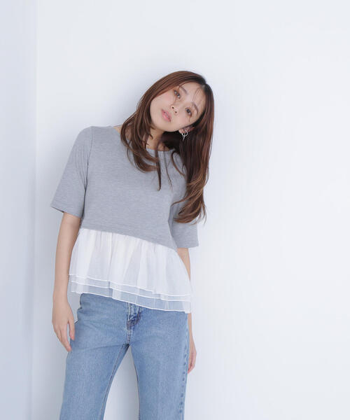 NATURAL BEAUTY BASIC（ナチュラルビューティーベーシック）の「◇シフォンドッキングペプラムカットソー（Tシャツ/カットソー・レディース・グレー系その他/ブラック/オフホワイト・FREE）」の20枚目の写真