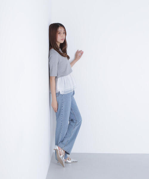 NATURAL BEAUTY BASIC（ナチュラルビューティーベーシック）の「◇シフォンドッキングペプラムカットソー（Tシャツ/カットソー・レディース・グレー系その他/ブラック/オフホワイト・FREE）」の21枚目の写真