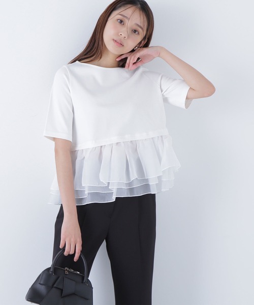 NATURAL BEAUTY BASIC（ナチュラルビューティーベーシック）の「◇シフォンドッキングペプラムカットソー（Tシャツ/カットソー・レディース・グレー系その他/ブラック/オフホワイト・FREE）」の2枚目の写真
