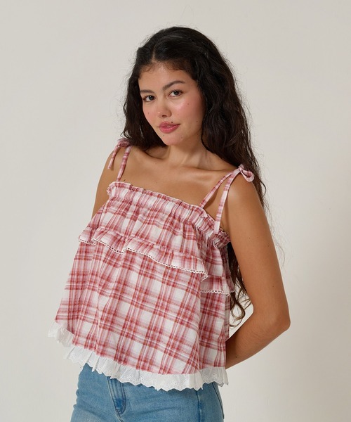 TINA：JOJUN（ティーナジョジュン）の「肩リボン チェック チュニック TINA：JOJUN（Tシャツ/カットソー・レディース・レッド/ブルー・M）」の3枚目の写真