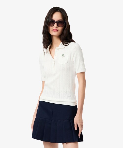 レース調 リボン付き ポインテルニット 半袖ポロシャツ（ポロシャツ