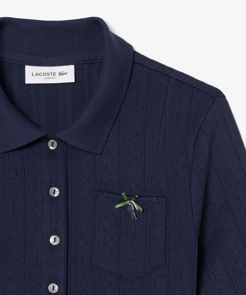 レース調 リボン付き ポインテルニット 半袖ポロシャツ（ポロシャツ