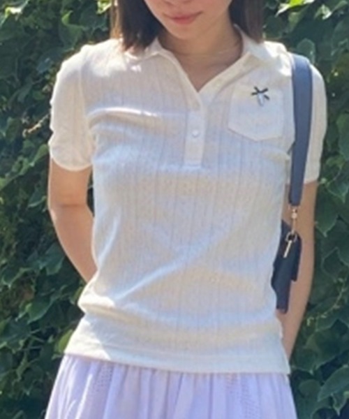 LACOSTE（ラコステ）の「レース調 リボン付き ポインテルニット 半袖ポロシャツ（ポロシャツ・レディース・ホワイト/ネイビー/ライトグリーン・34/36/40/38）」の2枚目の写真