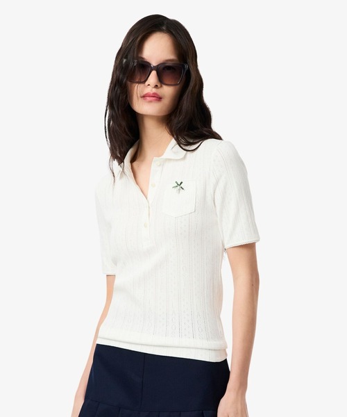 LACOSTE（ラコステ）の「レース調 リボン付き ポインテルニット 半袖ポロシャツ（ポロシャツ・レディース・ホワイト/ネイビー/ライトグリーン・34/36/40/38）」の6枚目の写真