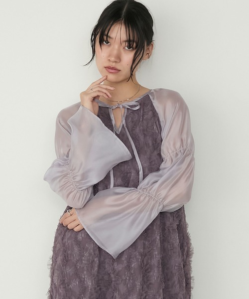 forksy.(フォルクシー)の「【forksy.】【オケージョン対応】フラワーモチーフフリルシアースリーブワンピース(ドレス・レディース・ブルー/ブラック/ダークパープル・FREE)」の12枚目の写真