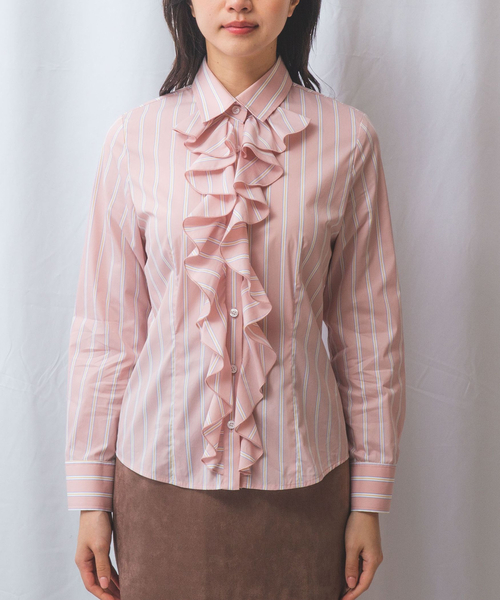 NARACAMICIE（ナラカミーチェ）の「【NARACAMICIE】ランダムストライプフロントフリル長袖シャツ（シャツ/ブラウス・レディース・ブルー/ピンク・S/M/L/XL）」の4枚目の写真