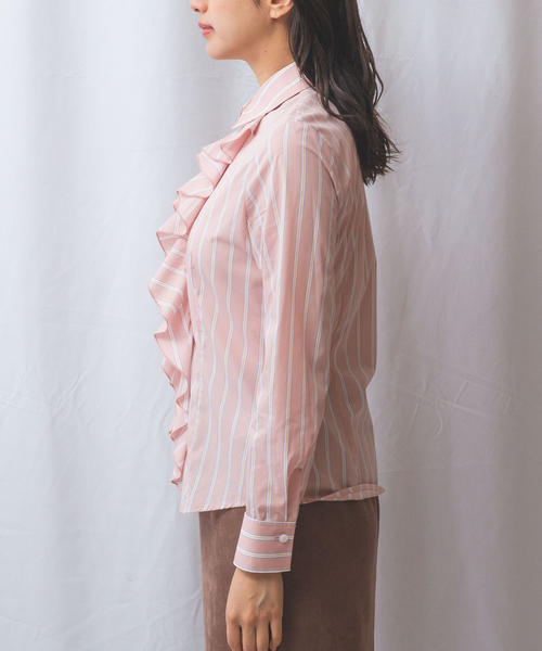 NARACAMICIE（ナラカミーチェ）の「【NARACAMICIE】ランダムストライプフロントフリル長袖シャツ（シャツ/ブラウス・レディース・ブルー/ピンク・S/M/L/XL）」の5枚目の写真