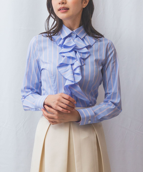 NARACAMICIE（ナラカミーチェ）の「【NARACAMICIE】ランダムストライプフロントフリル長袖シャツ（シャツ/ブラウス・レディース・ブルー/ピンク・S/M/L/XL）」の14枚目の写真