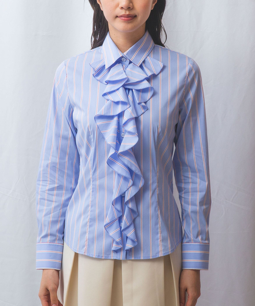 NARACAMICIE（ナラカミーチェ）の「【NARACAMICIE】ランダムストライプフロントフリル長袖シャツ（シャツ/ブラウス・レディース・ブルー/ピンク・S/M/L/XL）」の15枚目の写真