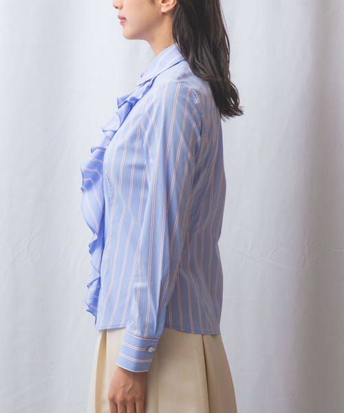 NARACAMICIE（ナラカミーチェ）の「【NARACAMICIE】ランダムストライプフロントフリル長袖シャツ（シャツ/ブラウス・レディース・ブルー/ピンク・S/M/L/XL）」の16枚目の写真