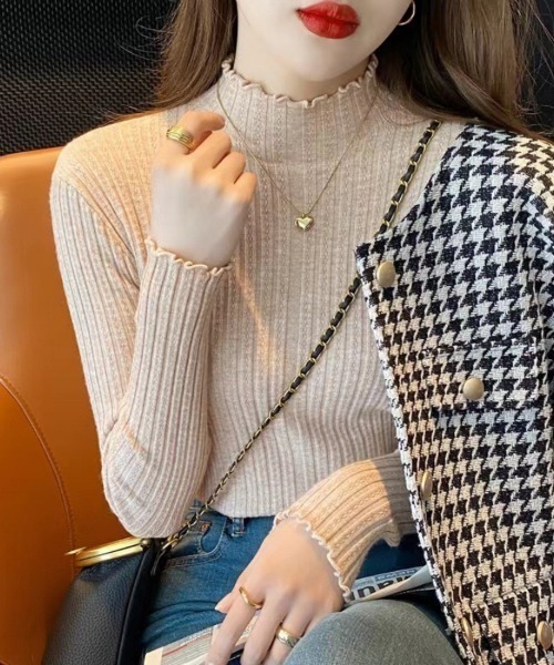 セール】ハイネック フリル襟 無地 長袖 ニット（ニット