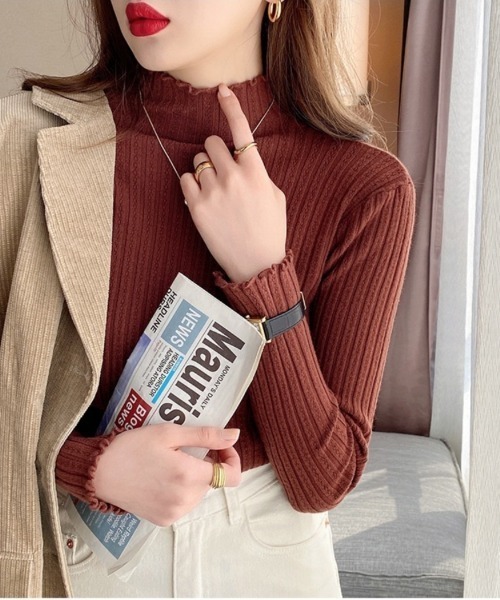 セール】ハイネック フリル襟 無地 長袖 ニット（ニット