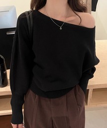 ディープ カフス オフショル リブ  ニット トップス