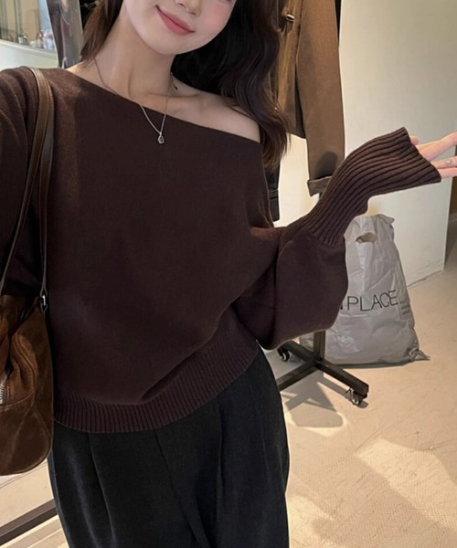 Lace Ladies（レースレディース）の「ディープ カフス オフショル リブ  ニット トップス（ニット/セーター・レディース・ブラウン/ライトグレー/グレイッシュベージュ/ブラック/ダークグレー/ピンク・FREE）」の10枚目の写真