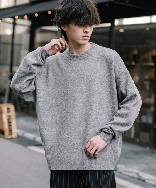 Rocky Monroe(ロッキーモンロー)の「オーバーサイズウール混メランジプルオーバーニット/天竺編みクルーネック長袖セーター(ニット/セーター・メンズ・ブラウン/チャコール/マスタード/グレー/オフホワイト/ブラック・M/L/XL)」の4枚目の写真