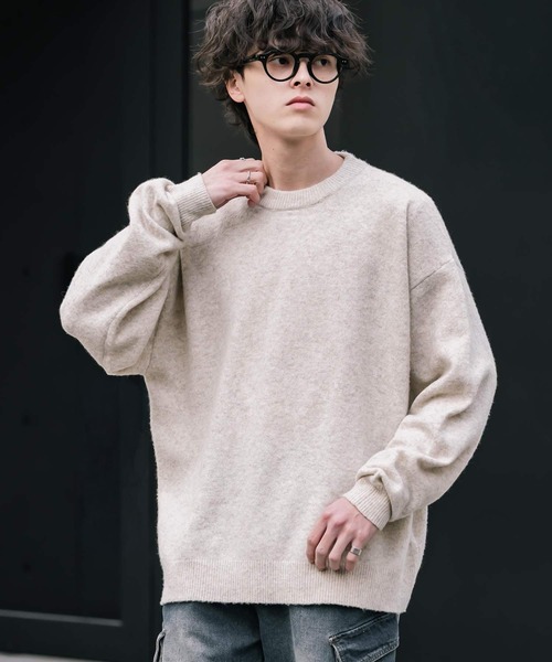 Rocky Monroe(ロッキーモンロー)の「オーバーサイズウール混メランジプルオーバーニット/天竺編みクルーネック長袖セーター(ニット/セーター・メンズ・ブラウン/チャコール/マスタード/グレー/オフホワイト/ブラック・M/L/XL)」の3枚目の写真