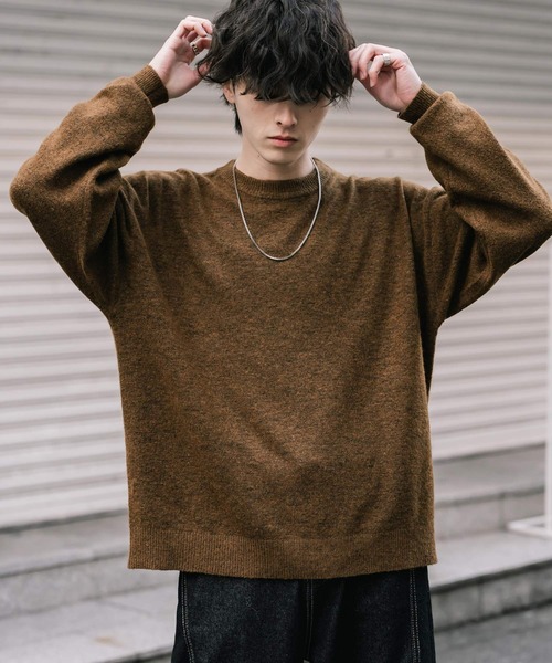 セール】オーバーサイズウール混メランジプルオーバーニット/天竺編み