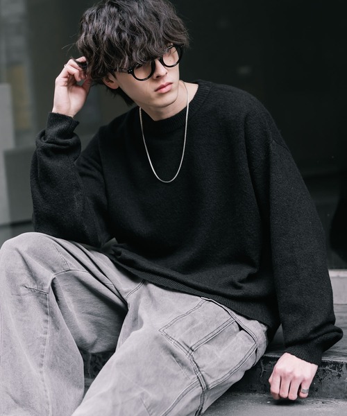 Rocky Monroe(ロッキーモンロー)の「オーバーサイズウール混メランジプルオーバーニット/天竺編みクルーネック長袖セーター(ニット/セーター・メンズ・ブラウン/チャコール/マスタード/グレー/オフホワイト/ブラック・M/L/XL)」の1枚目の写真