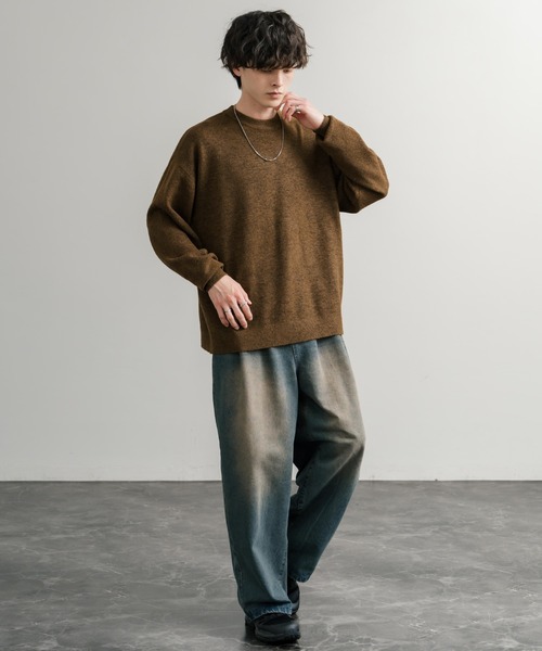Rocky Monroe(ロッキーモンロー)の「オーバーサイズウール混メランジプルオーバーニット/天竺編みクルーネック長袖セーター(ニット/セーター・メンズ・ブラウン/チャコール/マスタード/グレー/オフホワイト/ブラック・M/L/XL)」の13枚目の写真