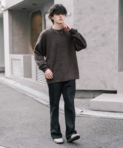 セール】オーバーサイズウール混メランジプルオーバーニット/天竺編み