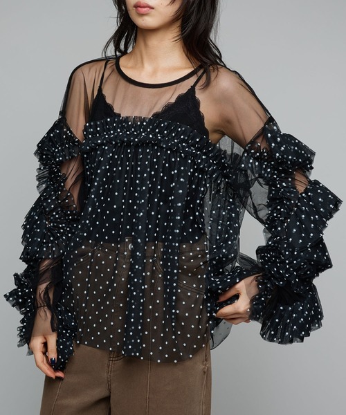 Narcissus(ナルシス)の「ドットチュールトップス/フリルシアートップス/オケージョン(シャツ/ブラウス・レディース・ホワイト/ブラック・FREE)」の2枚目の写真