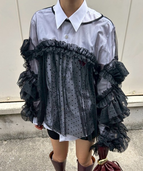 Narcissus(ナルシス)の「ドットチュールトップス/フリルシアートップス/オケージョン(シャツ/ブラウス・レディース・ホワイト/ブラック・FREE)」の1枚目の写真
