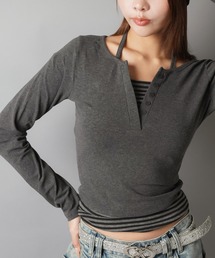 SPINNS(スピンズ)の「キャミソールレイヤード風長袖ボーダーカットソー/ボーダー/ホルターネック(Tシャツ/カットソー・レディース)」