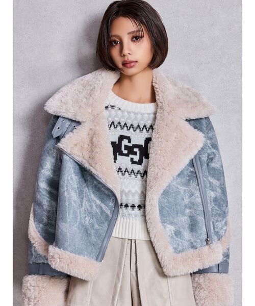 ballan様✨リアル ムートン ライダースジャケット ブルーグレー エコムートンライダースジャケット（ムートンコート）｜GYDA（ジェイダ