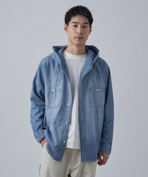 B.C STOCK（ベーセーストック）の「シャンブレー フードシャツ（シャツ/ブラウス・メンズ・ネイビー/ブラック・MEDIUM/LARGE）」の2枚目の写真