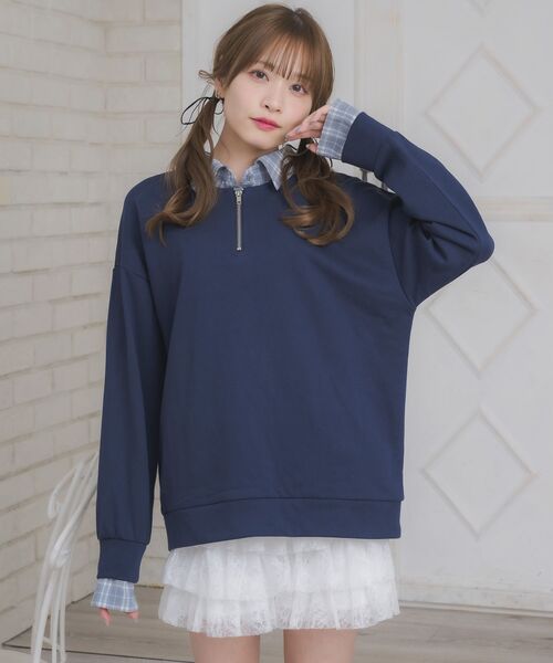 ems excite（エムズエキサイト）の「シャツレイヤード風トレーナー（Tシャツ/カットソー・レディース・ブラウン/ホワイト系その他/ダークブルー・FREE）」の12枚目の写真