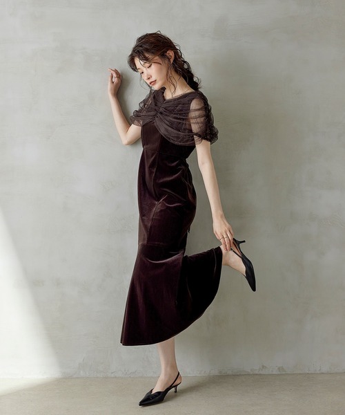 Kana（カナ）の「チュール ビジュー ドット ドッキング ベロア マーメイド ワンピース ドレス パーティー 結婚式 お呼ばれ オケージョン（ドレス・レディース・ブラック/チャコールグレー/ブラウン・M）」の3枚目の写真