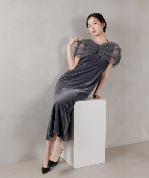 チュール ビジュー ドット ドッキング ベロア マーメイド ワンピース