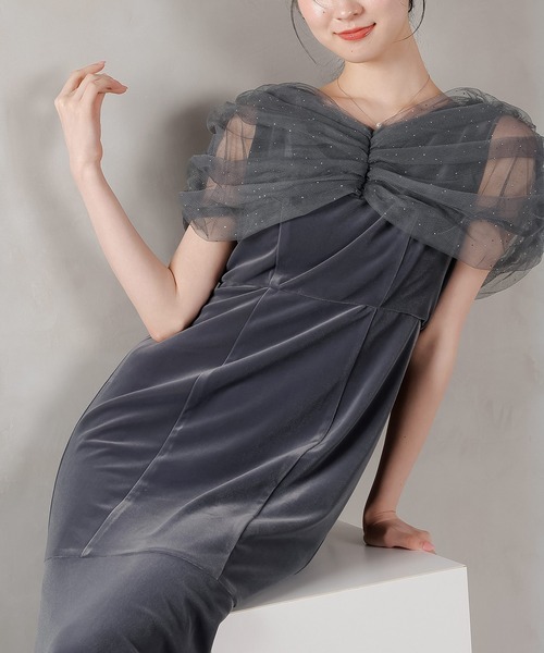 チュール ビジュー ドット ドッキング ベロア マーメイド ワンピース