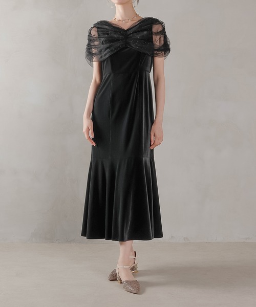 チュール ビジュー ドット ドッキング ベロア マーメイド ワンピース