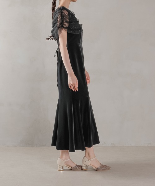 ブラックビジュー装飾マーメイドドレス チュール ビジュー ドット ドッキング ベロア マーメイド ワンピース